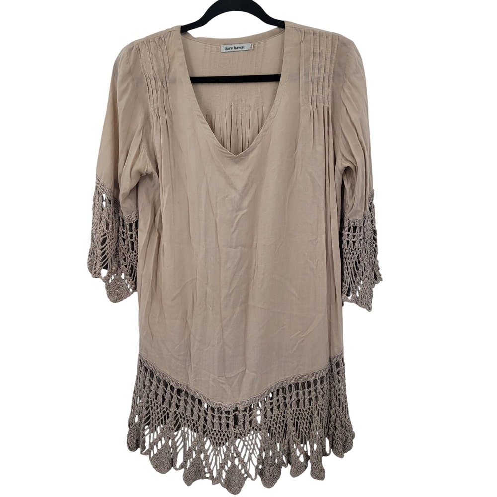 Tiare Hawaii Boho Chic Beach Crochet‎ Trim Tunic Oversized Mini Dress M Cover Up